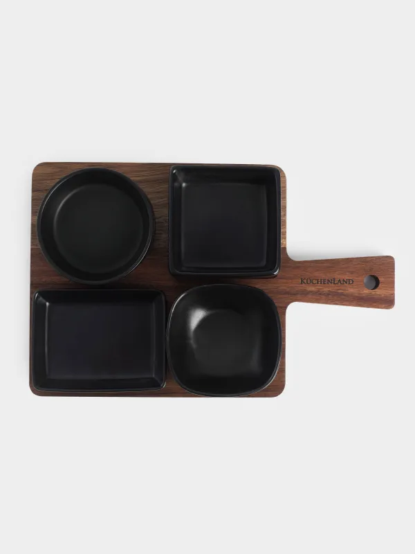 Snack set, 4 items, on a stand, ceramic / wood, black, Shape geometry, Black style , image-3