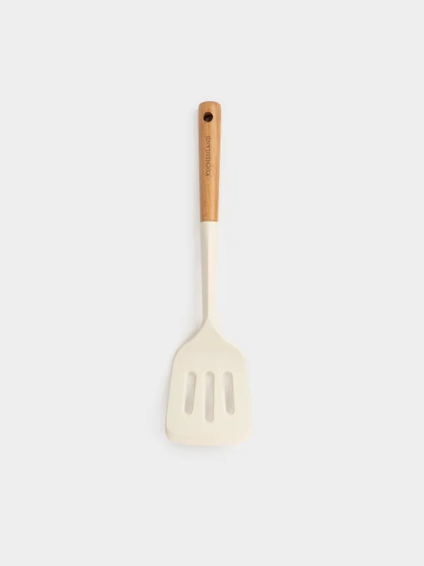 Spatula, 32 cm, with slots, silicone/wood, milky, Legerity, image-0