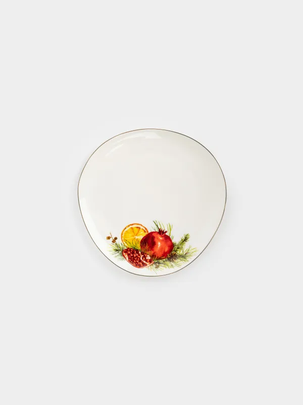 Snack plate, 21 cm, porcelain N, white, with golden edging, Pomegranates and orange, Christmas miracle, image-0