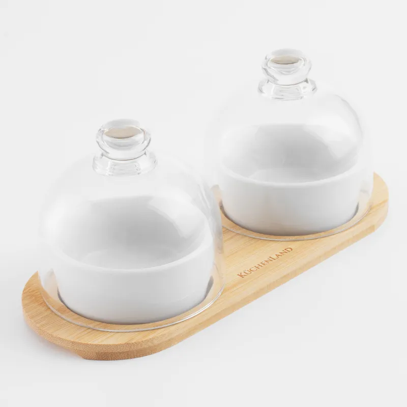 Snack set, 4 items, on a stand, ceramic / bamboo, white, Bowls with lid, Bamboo