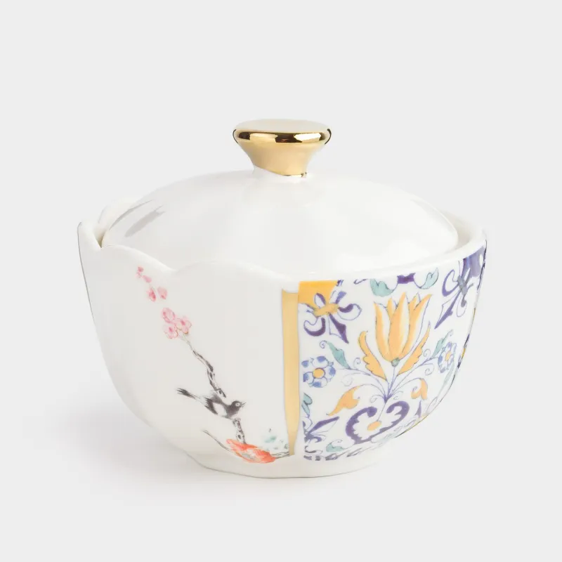 Sugar bowl, 10 cm, 160 ml, porcelain N, white and gold, Kintsugi, Kintsugi
