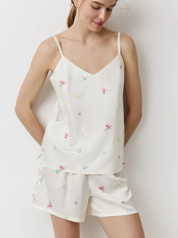 Women's shorts, homewear, size L, polyester, milky, Flowers, Sevilla, image-0