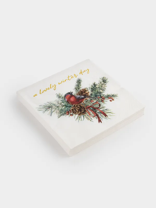 Paper napkins, 33x33 cm, 20 pcs, square, white, Bullfinch on a branch, Christmas miracle, image-1