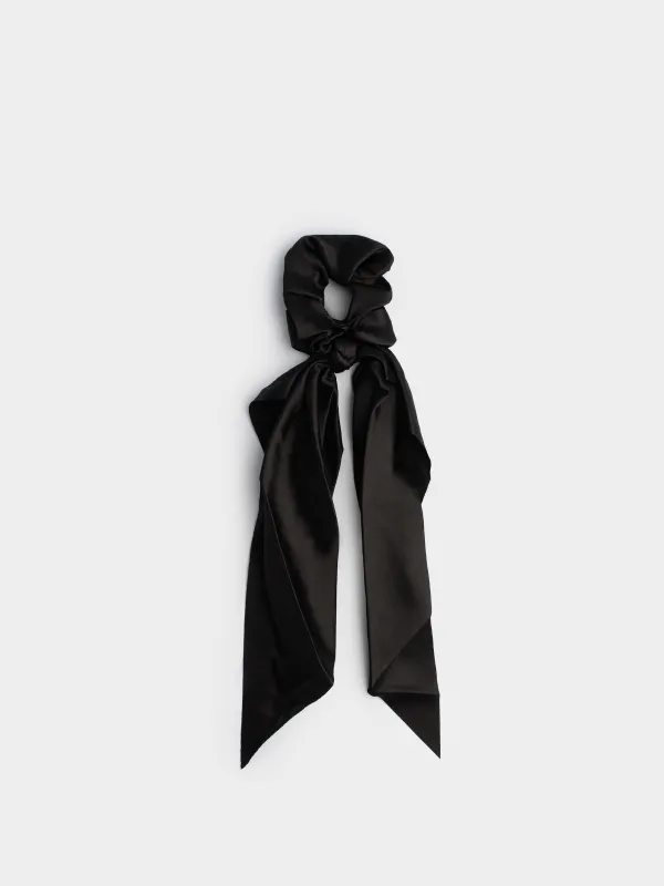 Elastic band for hair, 25 cm, with ribbon, satin, black, Silk, image-0