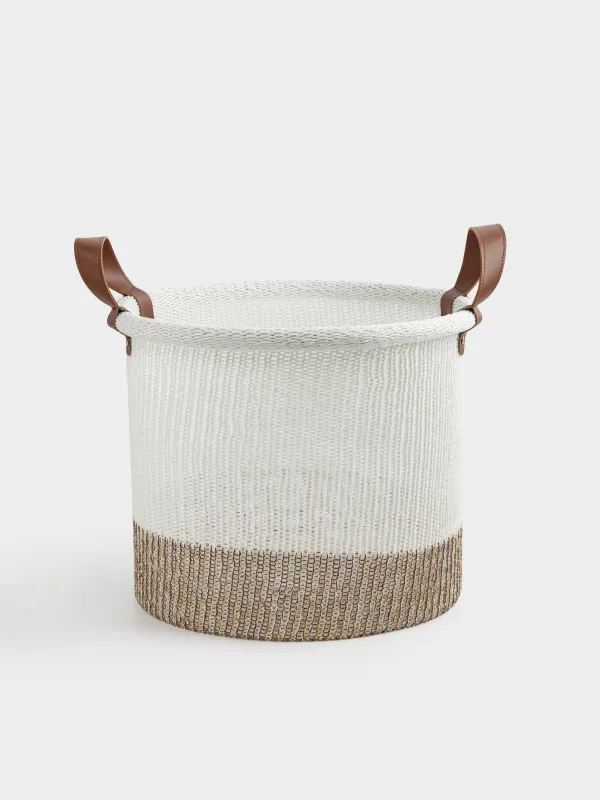 Laundry storage bag, 32x28 cm, with handles, polyester, Round, milky beige, Crochet, image-0