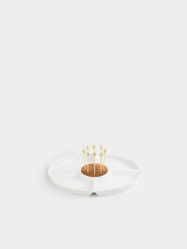 Divided plate, 27x22 cm, 4 compartments, with skewers, porcelain / bamboo, white, Light kitchen, image-1