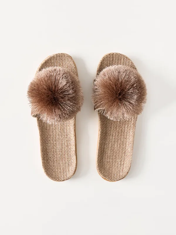 Women's slippers, size 35-36, with pompom, polyester / linen, brown, Pompon, image-1