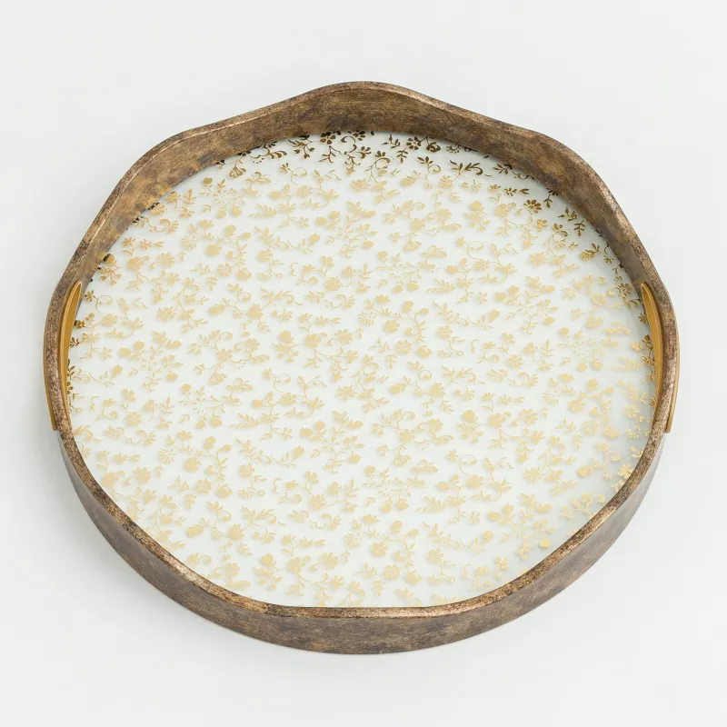 Tray, 35 cm, plastic / glass, round, Golden, Flowers, Floral, image-2