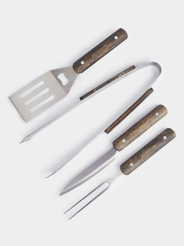 BBQ set, 4 items, in leather case, steel / wood / eco-leather, BBQ, image-1