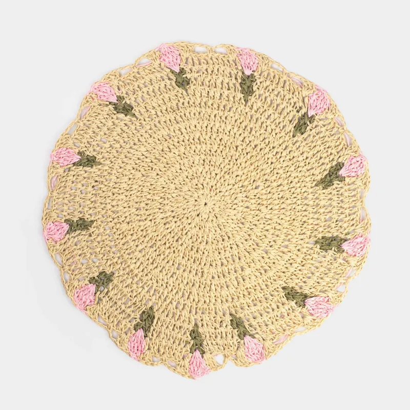 Placemat, 38 cm, cellulose, round, sand, Flowers, Braided