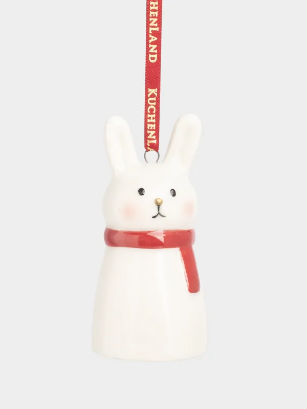 Christmas tree toy, 7 cm, porcelain P, milky, Rabbit in a scarf, Figure christmas, image-0