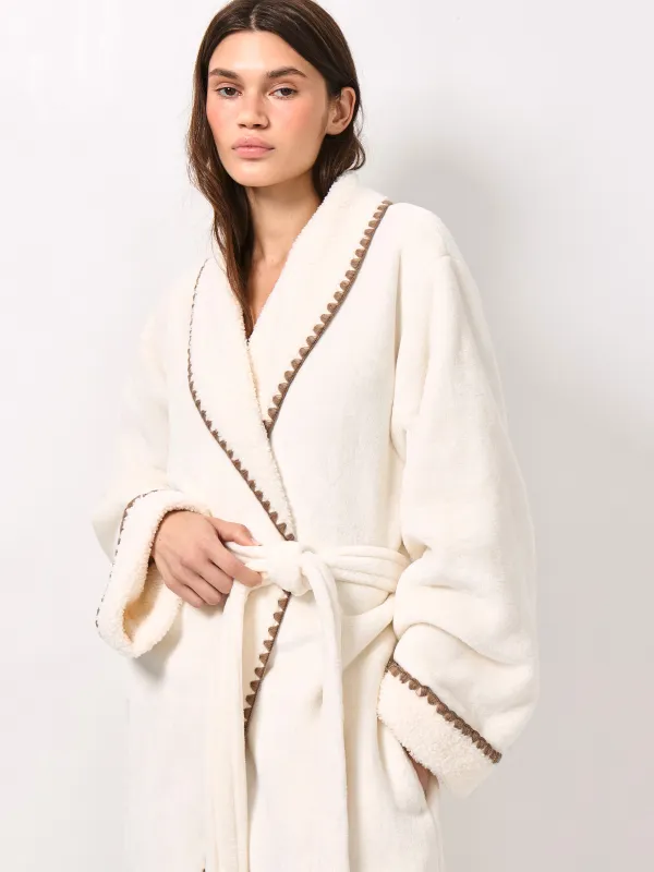 Women's robe, homewear, size L / XL, with long sleeve, boucle/flannel, milky, Curly, image-1