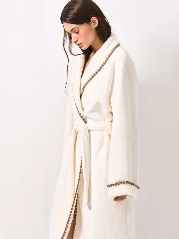 Women's robe, homewear, size S/M, with long sleeve, boucle/flannel, milky, Curly, image-4