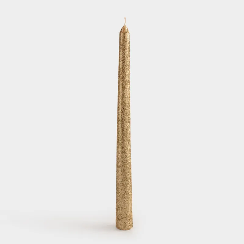 Candle, 25 cm, thin, with glitter, golden, Sparkly candle
