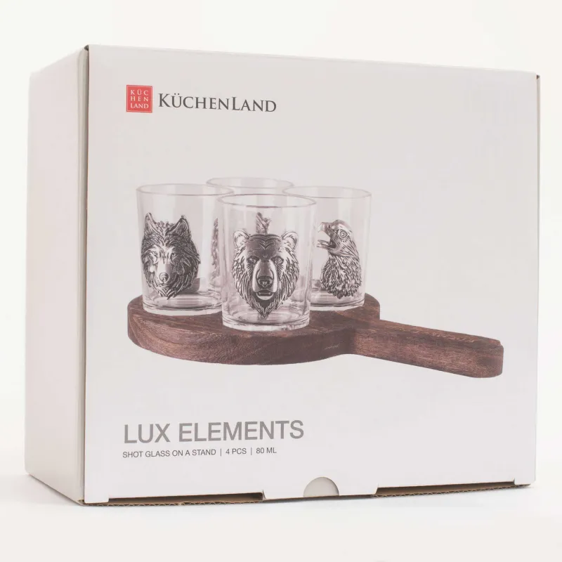 Drinking glass, 80 ml, 4 pcs, on a stand, glass/metal/tree, Eagle and beasts, Lux elements decor, image-5