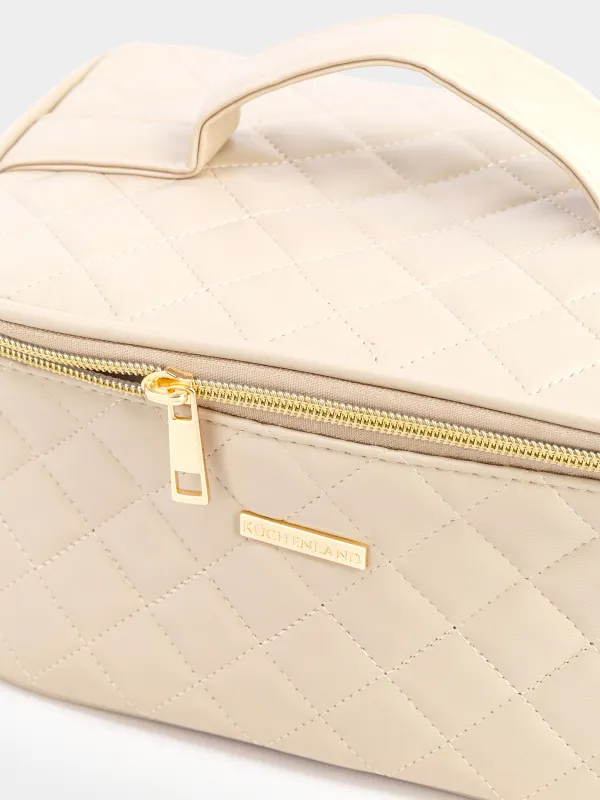 Cosmetic bag, 23x13 cm, quilted, with handle, polyurethane, beige, Quilted, image-2