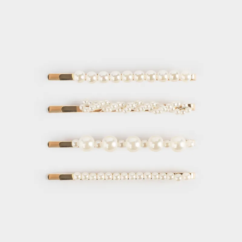 Hair clip set, 7 cm, 4 pcs, metal / plastic, milky, Beads, Pearl