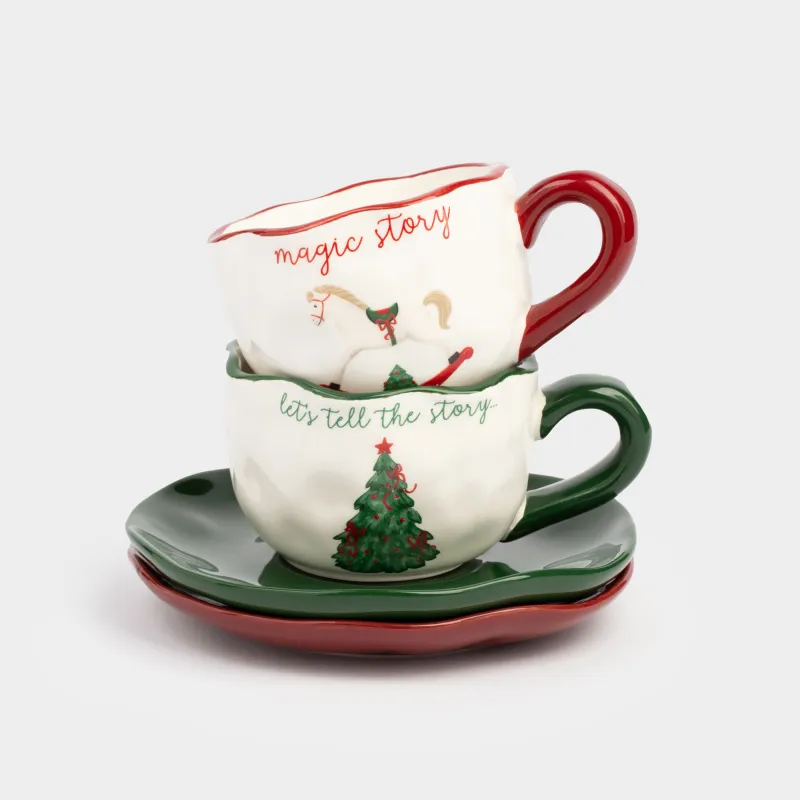 Tea pair, 240 ml, 2 persons, 4 items, ceramic, Christmas tree with bows/Horse, Christmas green