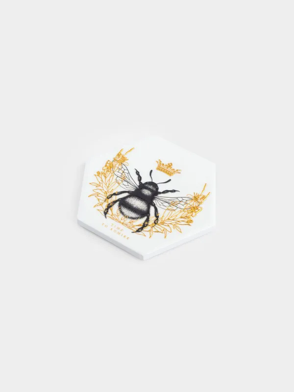 Coaster, 11 cm, ceramic / cork, hexagonal, white, Royal bee, Honey, image-1