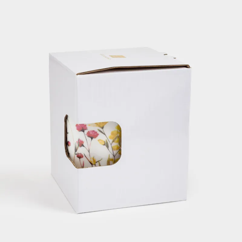 Mug, 450 ml, porcelain F, white, with golden edging, Flowers and mimosa, Flower garden, image-4