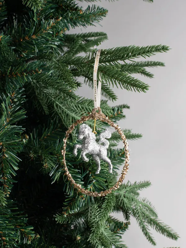 Christmas tree toy, 11 cm, metal / plastic, champagne, Horse, Figure sparkle, image-3