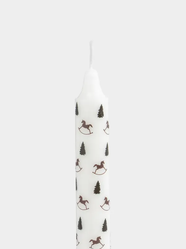 Candle, 20 cm, thin, white, Horses and Christmas trees, Print candle, image-1
