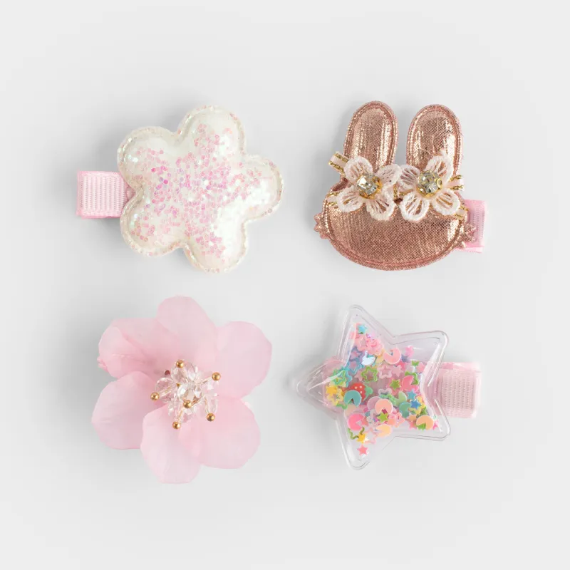 Elastic bands set for hair, 3 cm, 4 pcs, children's, polyester / plastic, pink, Rabbit, Gracile