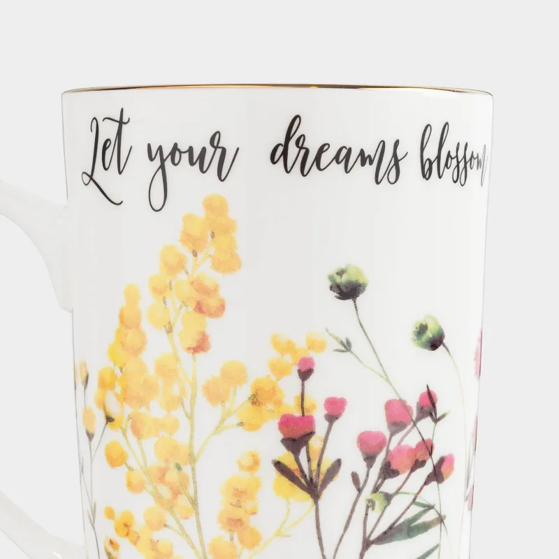 Mug, 450 ml, porcelain F, white, with golden edging, Flowers and mimosa, Flower garden, image-5