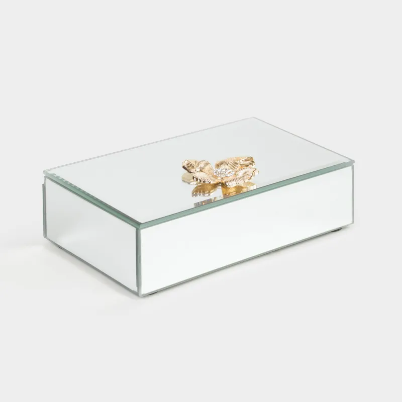 Jewelry box, 15x9 cm, glass, Mirror, Golden flower, Glossy, image-2
