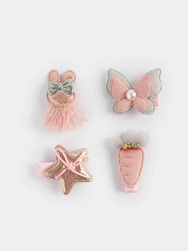 Hair clip set, 3 cm, 4 pcs, Children's, Polyester / Plastic, Pink, Butterfly, Gracile, image-0