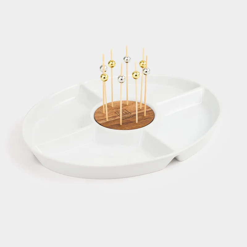 Divided plate, 27x22 cm, 4 compartments, with skewers, porcelain / bamboo, white, Light kitchen, image-1