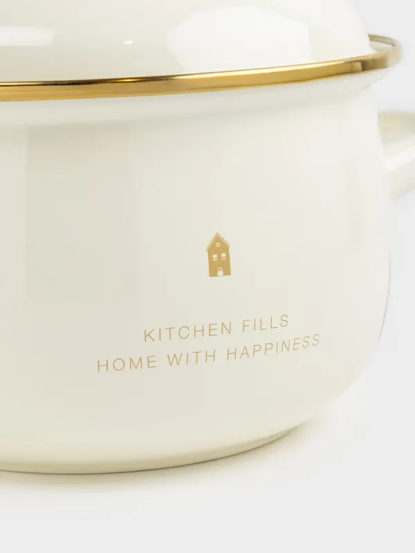 Pot, 20 cm, 2.8 l, with lid, enameled metal / wood, milky, House, Enamel, image-4