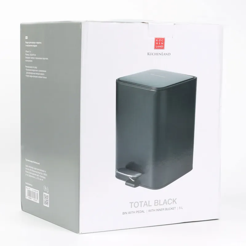 Trash can, 6 L, with pedal, metal, square, black, Total black, image-7