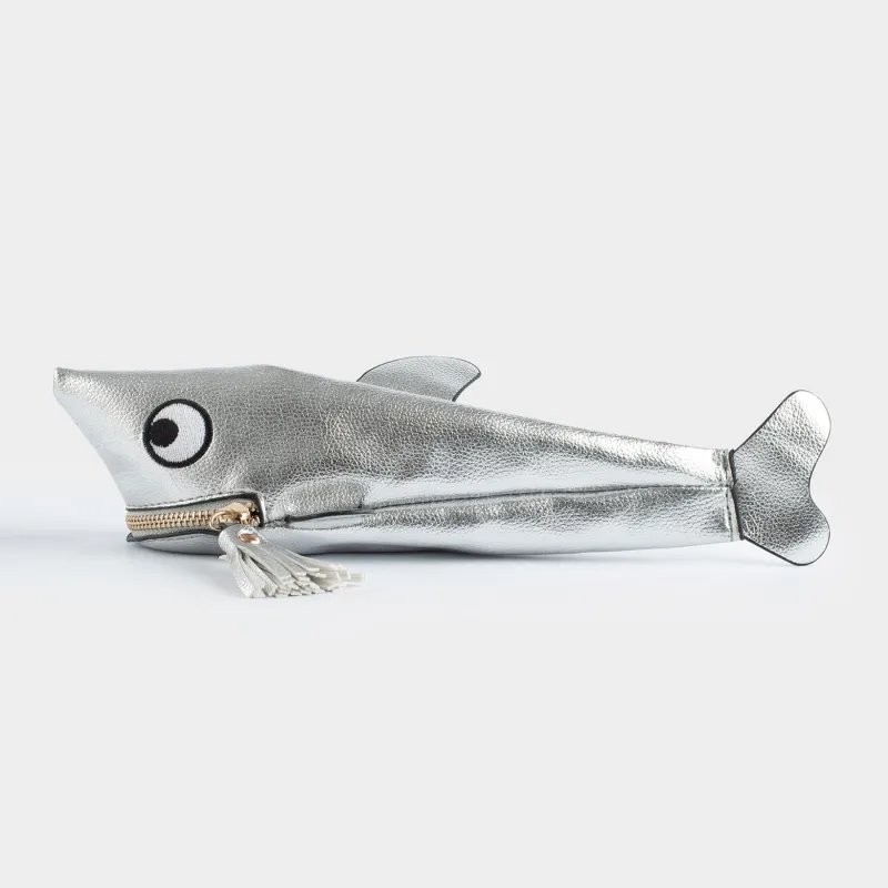 Pencil case, 25x9 cm, polyurethane, silver, Shark, Aquatic animals