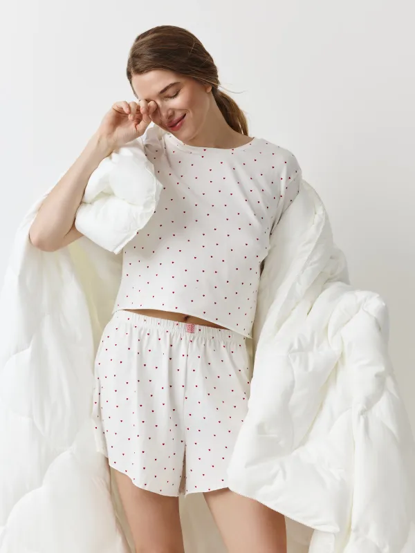 Women's set, homewear, size L, cotton / elastane, white, Hearts, Mariona, image-0