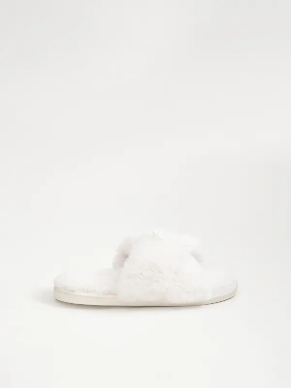 Women's slippers, homewear, size 36-37, artificial fur, white, Bow, Tape, image-0
