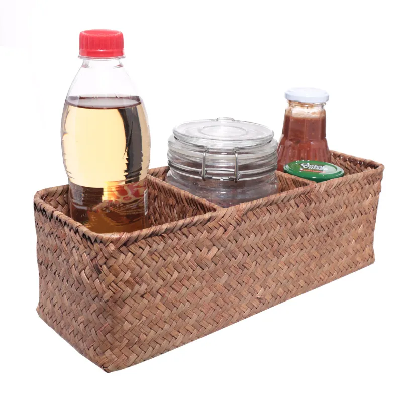 Basket organizer for storage, 32x12x10 cm, 3 compartments, straw, rectangular, Slant, image-1