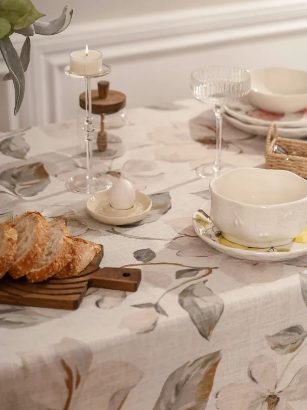 Tablecloth, 160x160 cm, polyester / linen, milk yellow, Flowers, Flowery flax, image-2