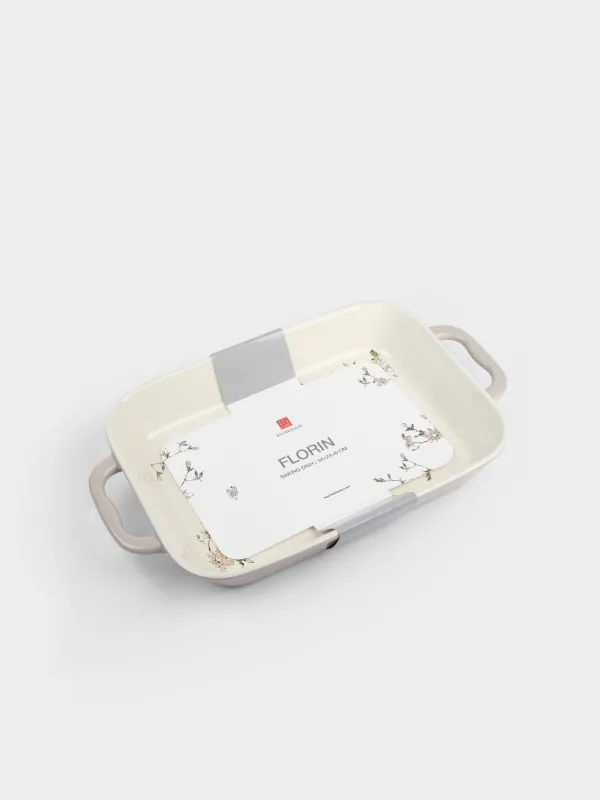 Baking dish, 34x25 cm, ceramic, rectangular, milky beige, Flowers, Florin, image-6