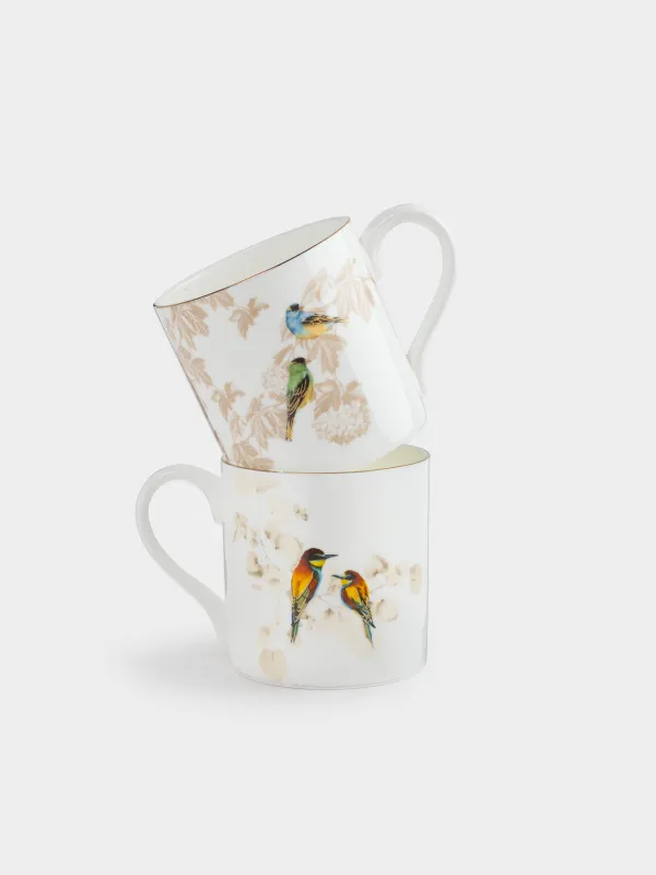 Mug, 380 ml, 2 pcs, porcelain F, with golden edging, Rainbow bee-eaters and goldfinches, Paradise bird, image-0