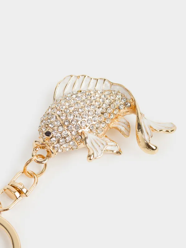 Keychain, 12 cm, metal / rhinestones, gold, Fish, Keychain crystal, image-3