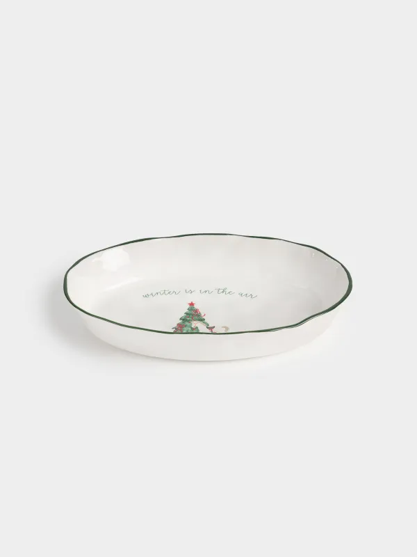 Dish, 28x17x5 cm, with sides, ceramic, oval, Horse with Christmas tree, Christmas green, image-1