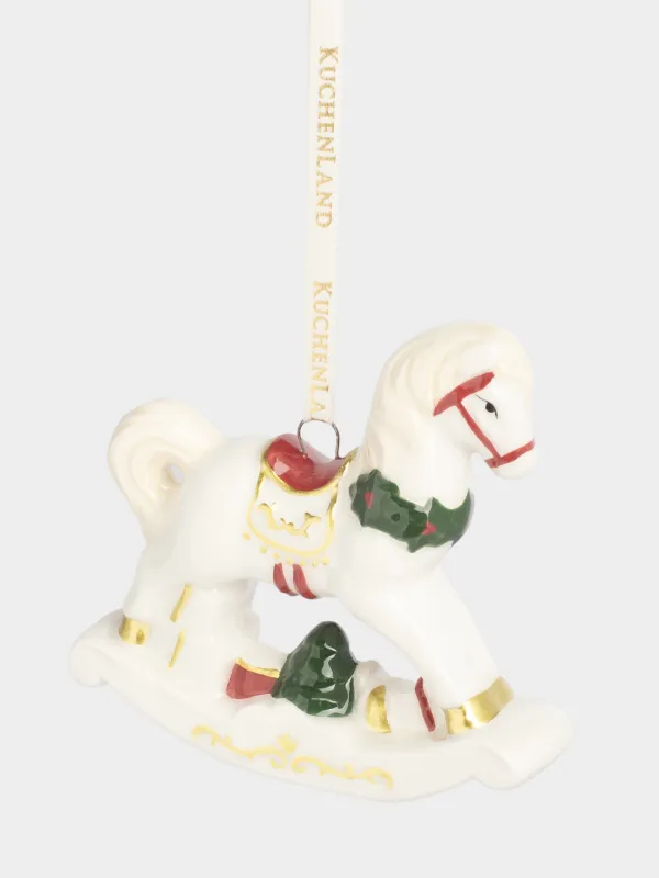 Christmas tree toy, 9 cm, ceramic, white, Rocking horse, Figure christmas, image-1