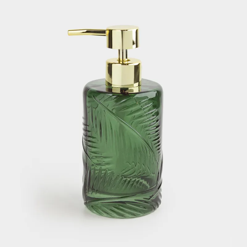 Liquid soap dispenser, 350 ml, glass, Green, Tropical leaves, Tropical leaves