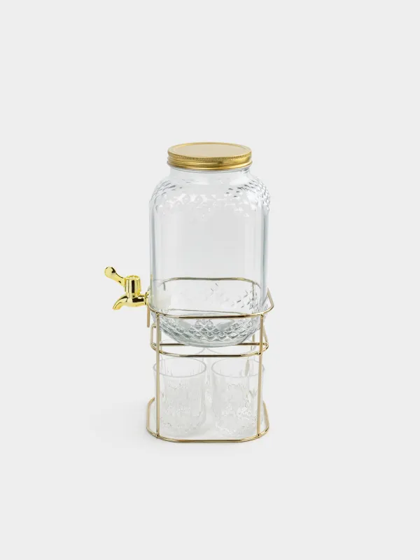 Set for drinks, 4 pers, 5 pr, dispenser on stand, gold, glass / metal, Regale, image-4