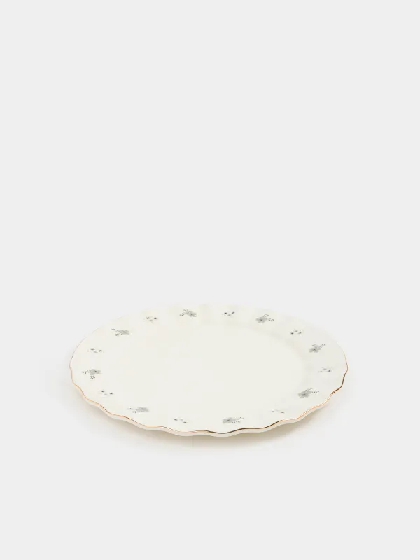 Dinner plate, 27 cm, porcelain P, milky, with golden edging, Grey flowers, Florals, image-1