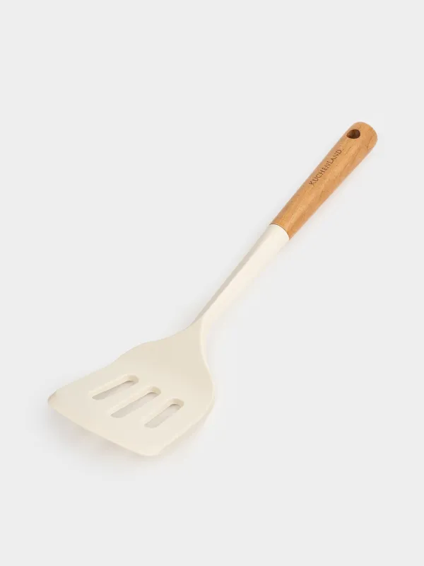 Spatula, 32 cm, with slots, silicone/wood, milky, Legerity, image-2