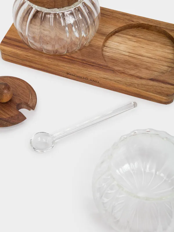 Jam bowl, 300 ml, 2 pcs, with spoon, on stand, glass / wood, Noble tree, image-4