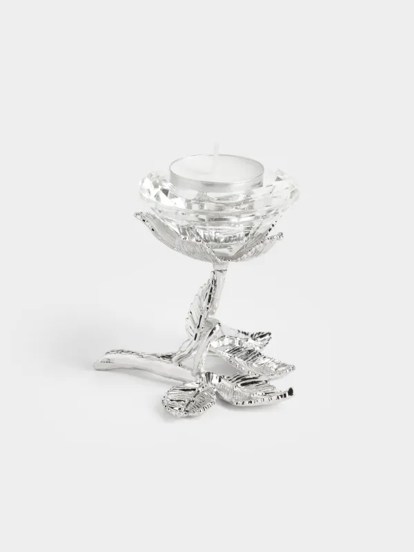 Candlestick, 9 cm, for tea / thin candle, on a leg, crystal glass / metal, Flower, Diamond, image-6