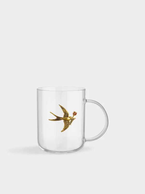 Mug, 450 ml, glass B / metal, Golden swallow, Lux elements, image-0